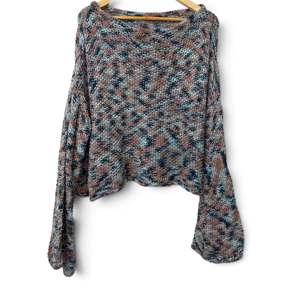 Handmade Chunky Knit Boat Neck Sweater Blue Pink Marled Bell Sleeve Pullover